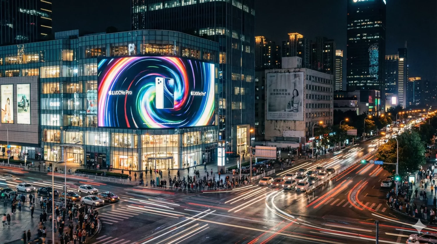 Reklama DOOH - co to jest? Podobieństwa i różnice między tradycyjną a cyfrową reklamą zewnętrzną 1 Nocne zdjęcie ruchliwego skrzyżowania w mieście, gdzie na fasadzie budynku wyświetlana jest duża, dynamiczna reklama DOOH.
