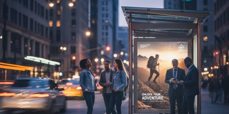 Zdjęcie przedstawiające ludzi oczekujących na przystanku autobusowym z widoczną reklamą citylight w tle.