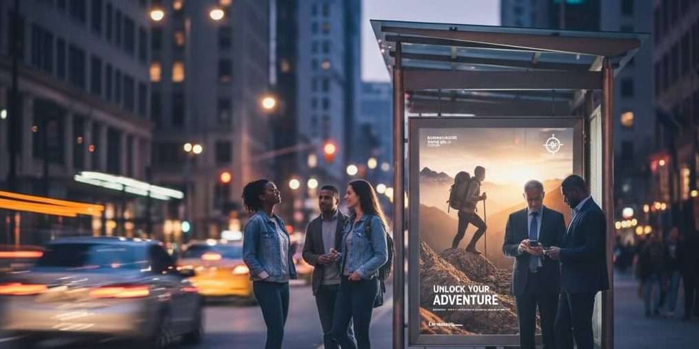 Zdjęcie przedstawiające ludzi oczekujących na przystanku autobusowym z widoczną reklamą citylight w tle.