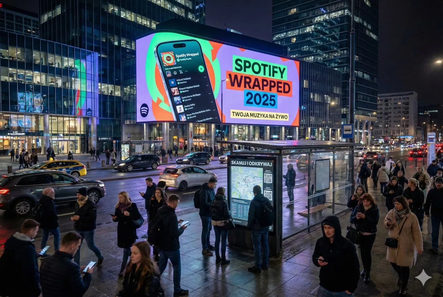 Najciekawsze reklamy zewnętrzne – przykłady i kreatywne kampanie, które musisz znać 1 Kolaż trzech zdjęć przedstawiających reklamy zewnętrzne przykłady w nocy: kobieta przy monitorach, wielki billboard z Patrickiem Mahomesem oraz podświetlana reklama na przystanku autobusowym.