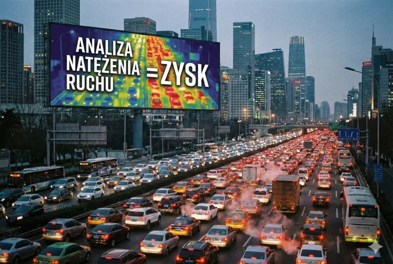 Billboard reklamowy górujący nad zatłoczoną autostradą, pokazujący jak duże natężenie ruchu drogowego przekłada się na zysk.