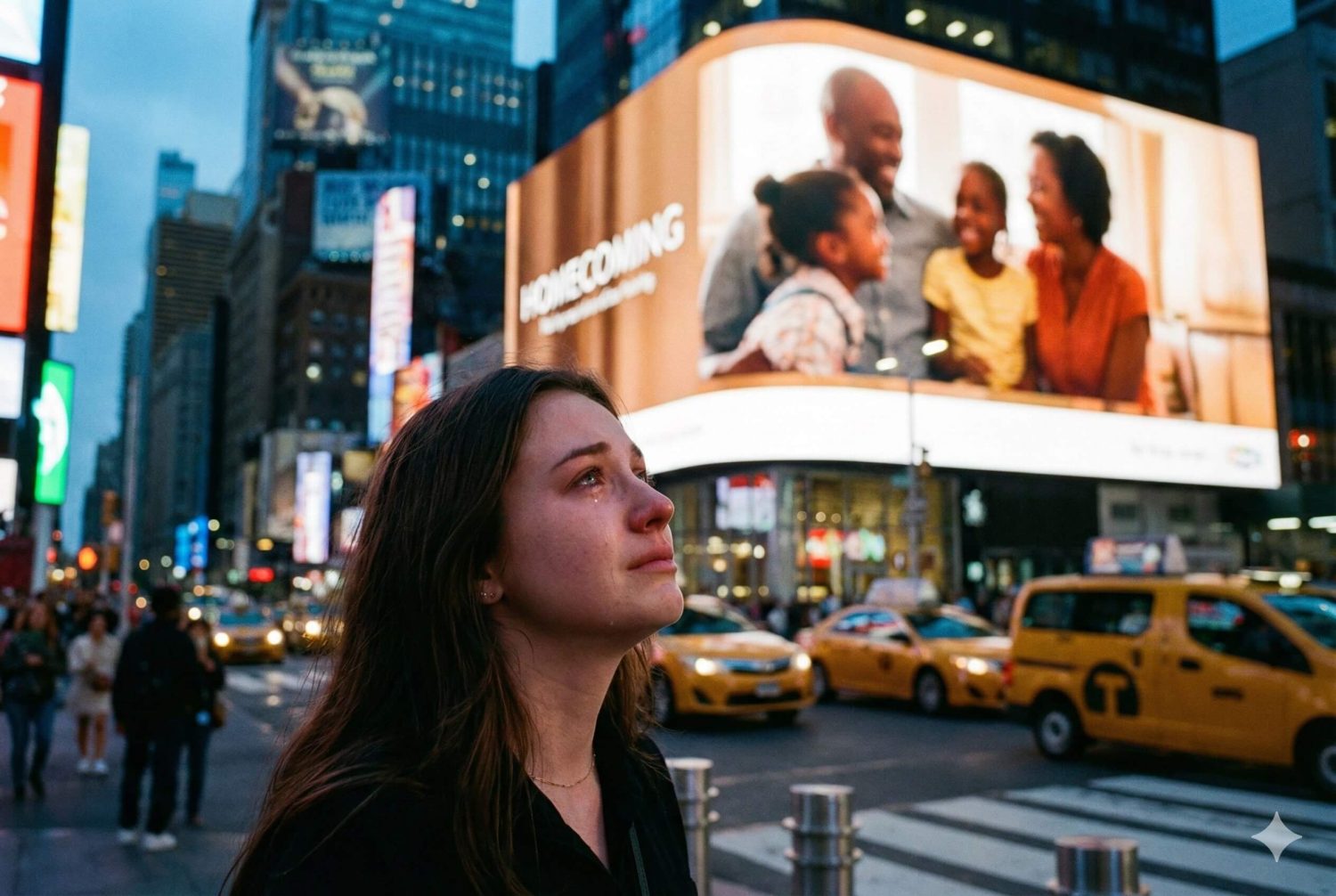 Wzruszona kobieta wpatrzona w billboard z rodziną. Zdjęcie ilustrujące emocje w reklamie.
