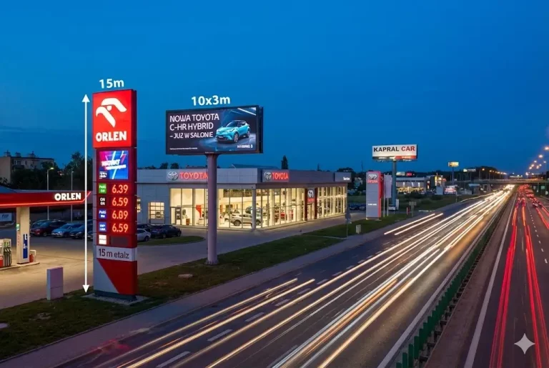 Nocne ujęcie pylonu reklamowego Orlen (15m) i megaboardu Toyota (10x3m) przy ruchliwej trasie | Billboard-X