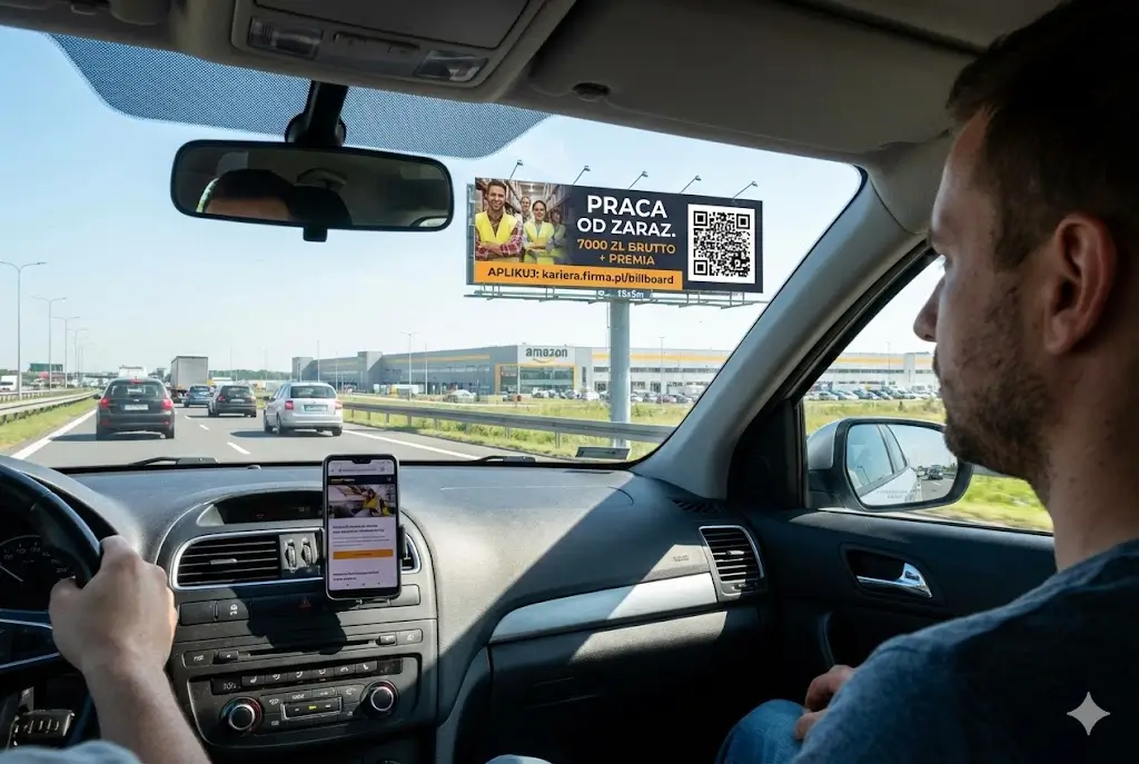 Widok z auta na billboard rekrutacyjny Amazon i powiązaną stronę na smartfonie kierowcy | Billboard-X
