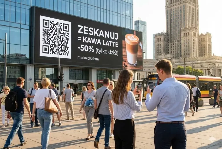 Przechodnie skanują smartfonami duży kod QR z billboardu reklamowego z ofertą na kawę | Billboard-X