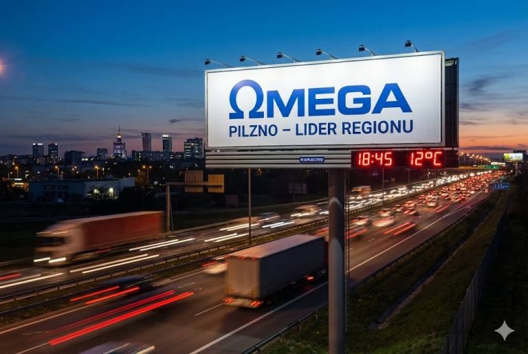 alt="Podświetlony megaboard reklamowy przy autostradzie o zmierzchu z napisem "OMEGA PILZNO – LIDER REGIONU" oraz cyfrowym zegarem i termometrem wyświetlającym 18:45 i 12°C. Na drodze widoczny duży ruch pojazdów | Billboard-X