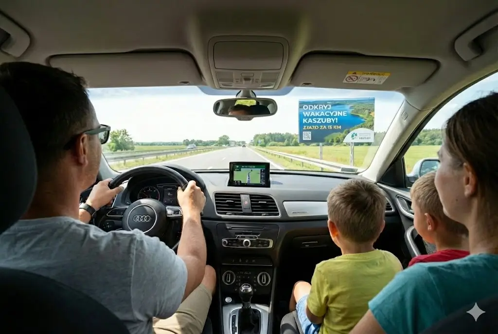 Widok z wnętrza samochodu na rodzinę mijającą przydrożny billboard zachęcający do odwiedzenia Kaszub z napisem 'ODKRYJ WAKACYJNE KASZUBY! ZJAZD ZA 15 KM'.