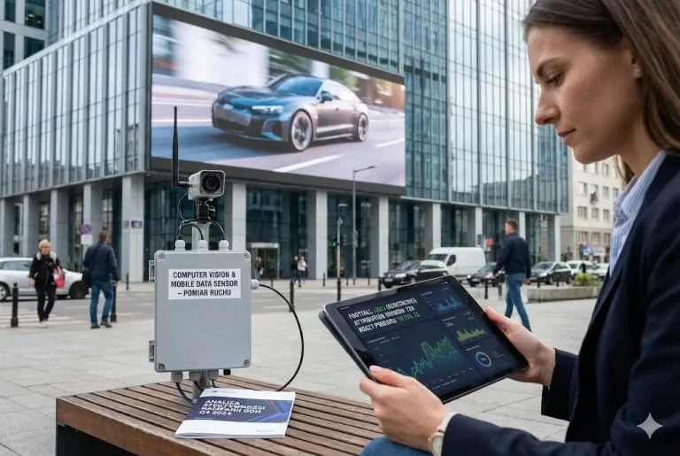 Kobieta analizuje na tablecie dane z pomiaru efektywności kampanii OOH w przestrzeni miejskiej | Billboard-X