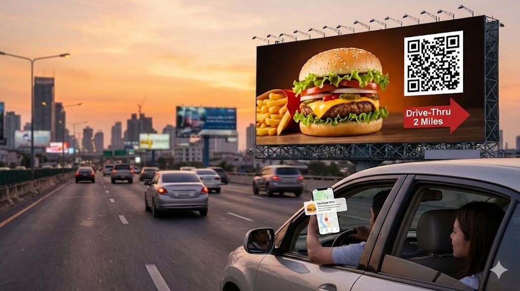 Billboard reklamowy przy autostradzie będący przykładem marketingiem dla gastronomii, która zachęca kierowców do skorzystania z oferty.