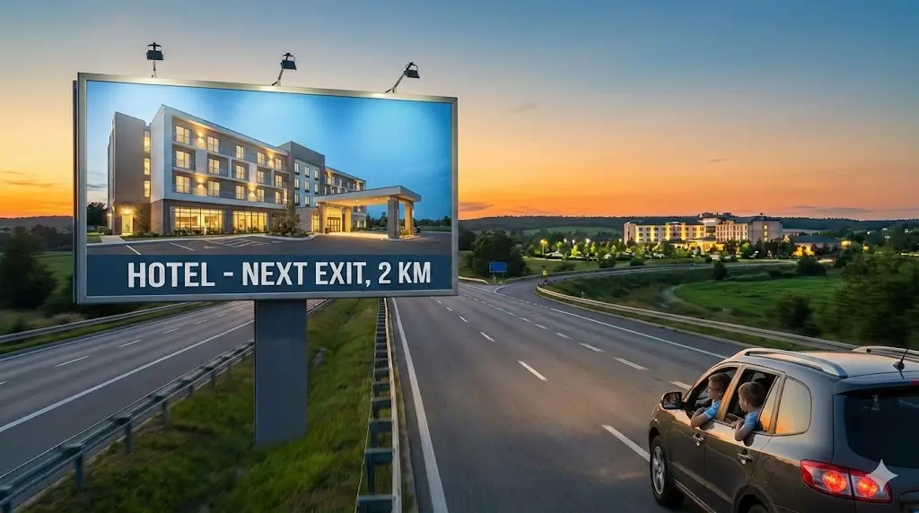 Billboard reklamowy hotelu przy autostradzie zachęcający kierowców do zjazdu