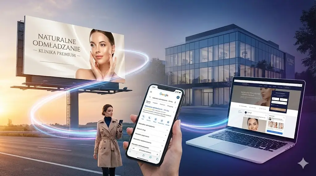 Grafika przedstawią synergię marketingową w branży beauty: połączenie billboardu, strony internetowej i reklam wyświetlających się na urządzeniach mobile.
