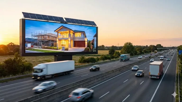 Billboard z oświetleniem solarnym reklamujący firmę budowlaną przy ruchliwej autostradzie