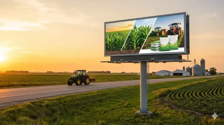 Grafika przedstawia billboard reklamowy będący przykładem marketingu w branży rolniczej. W tle widać ciągnik na tle zachodzącego słońca